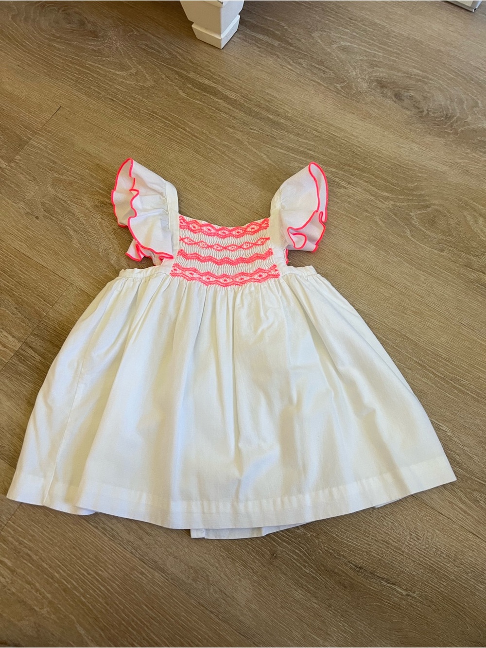 Jacadi White Dress with Neon Pink Smocking and Trim
